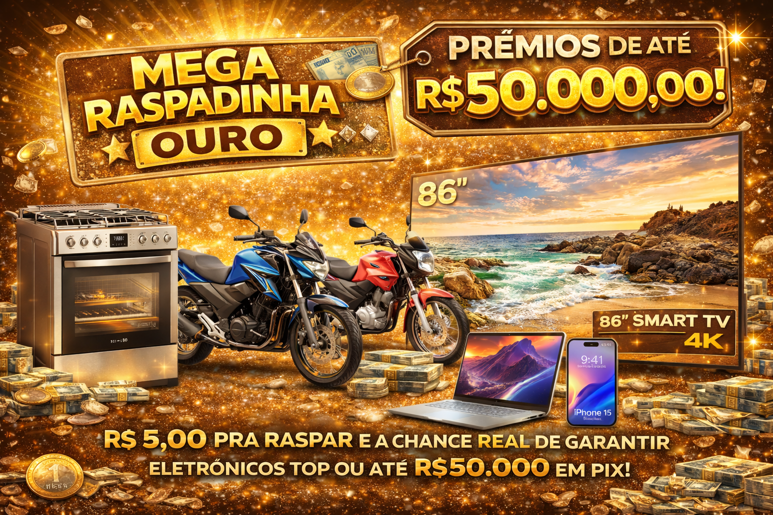 ✨ MEGA RASPADINHA OURO – R$ 50,00 ✨ 💰 PRÊMIOS DE ATÉ R$ 50.000,00! 💰