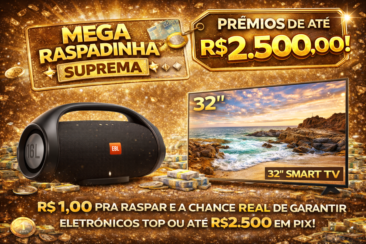 ✨ MEGA RASPADINHA SUPREMA – APENAS R$ 1,00 ✨  💰 PRÊMIOS DE ATÉ R$ 2.500,00! 💰
