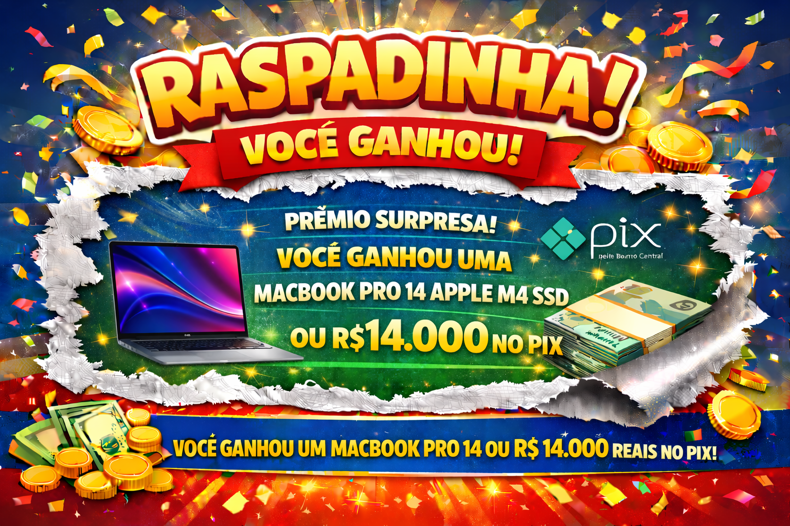 Prêmio Macbook Pro 14 Apple M4 SSD de 16 GB, 512 GB ou R$ 14.000,00 no pix